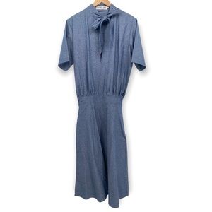 Toit Volant Front Bow Tie Midi Dress Short Sleeve Chambray Indigo USA NWT